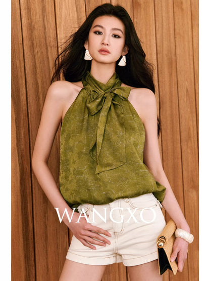 WANGXO | Two-tone acetate satin jacquard | Stand collar halter neck ribbon loose pleated sleeveless shirt top