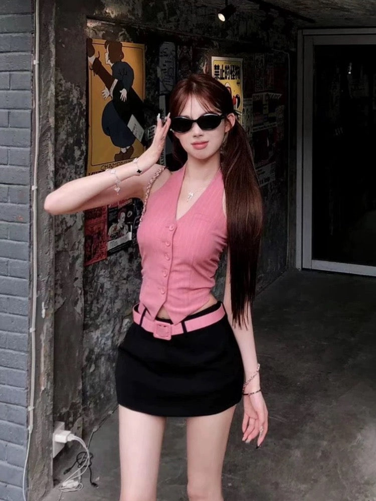 STRIVE/Yumiko Fat mm Sweet Hot Girl Backless Halter Vest Female Summer Pure Desire Slim Fit Hip Skirt Suit