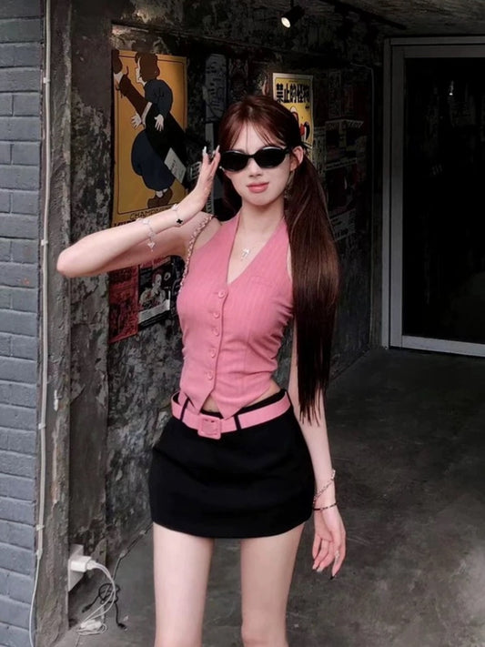 STRIVE/Yumiko Fat mm Sweet Hot Girl Backless Halter Vest Female Summer Pure Desire Slim Fit Hip Skirt Suit