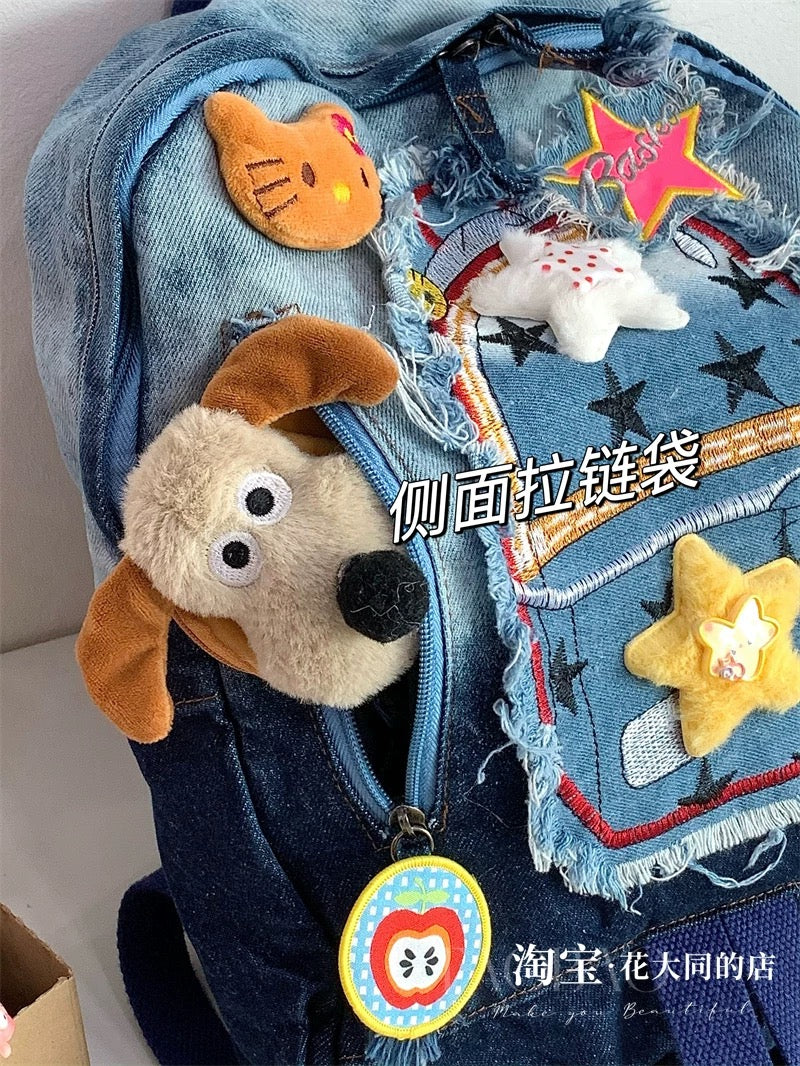 Homemade super star patch denim canvas gradient cartoon sweet and cute versatile school bag college student backpack