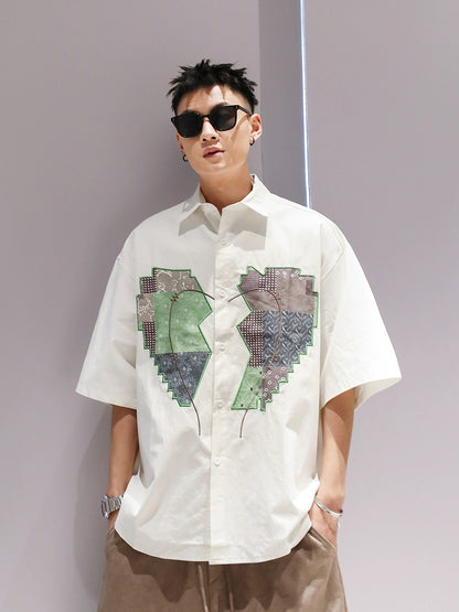 Youshu Summer Boys Embroidered Color Matching Love Shirt National Trend Heavy Cotton Trendy Brand Casual Fashion Shirt Short Sleeve