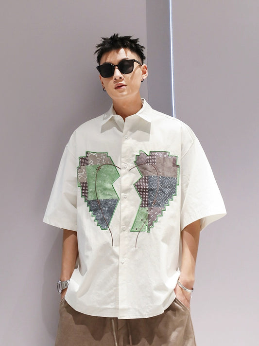Youshu Summer Boys Embroidered Color Matching Love Shirt National Trend Heavy Cotton Trendy Brand Casual Fashion Shirt Short Sleeve