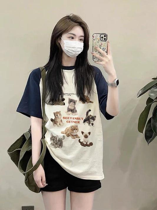 Nice knocking! American retro right-shoulder top for women, high-end contrasting color niche pure cotton short-sleeved T-shirt bottoming shirt