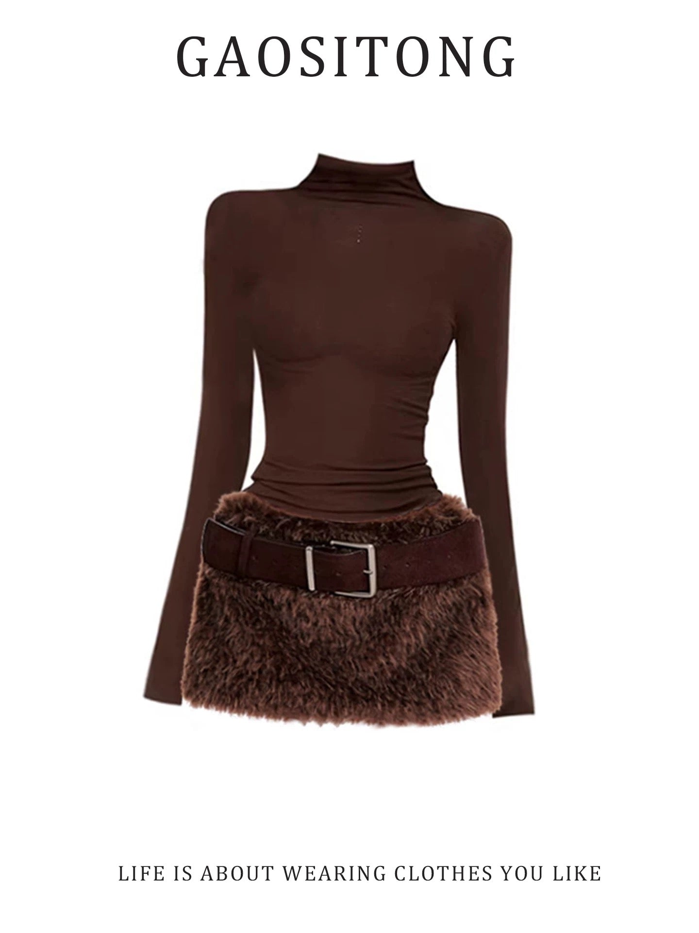GAOSITONG Pure and Sexy High-Neck Rhinestone Fitted Top for Women, Winter 2026 Retro Furry Skirt Set