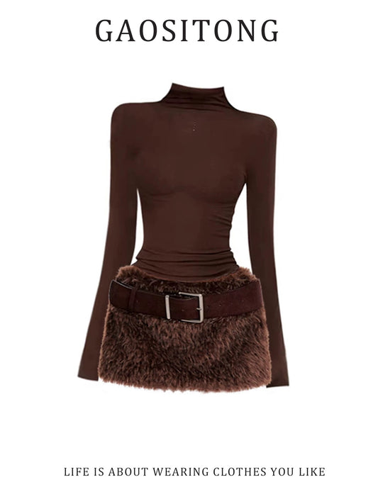 GAOSITONG Pure and Sexy High-Neck Rhinestone Fitted Top for Women, Winter 2026 Retro Furry Skirt Set