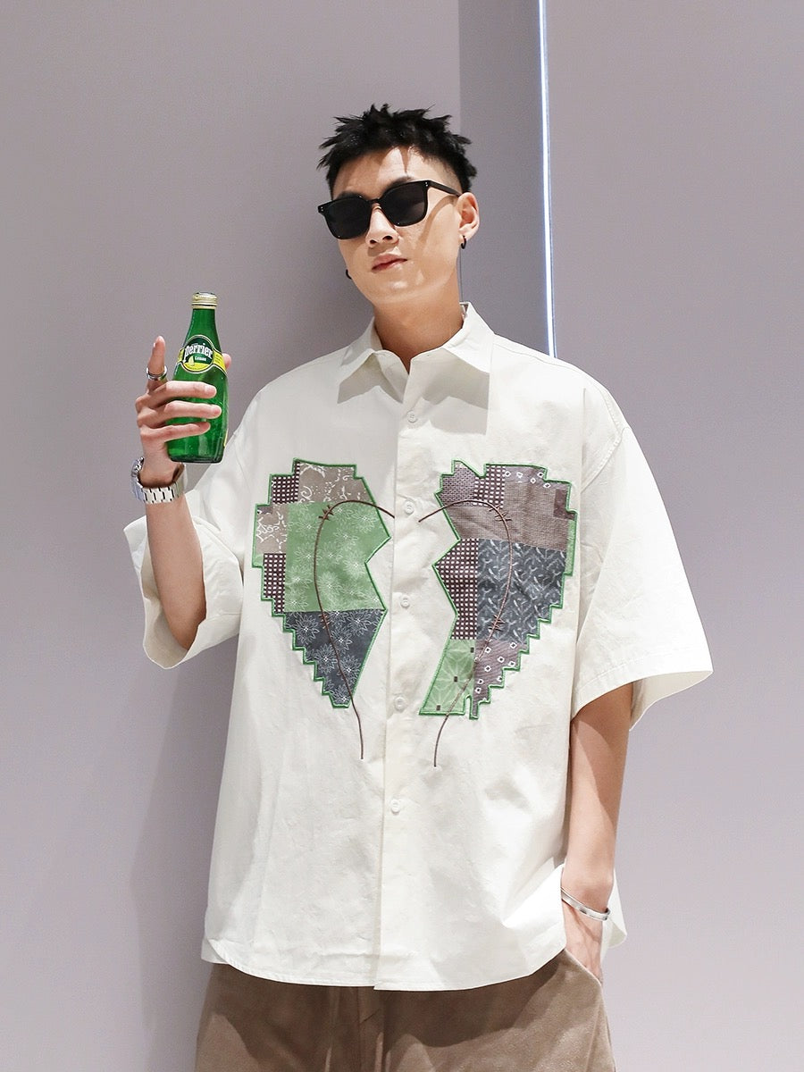Youshu Summer Boys Embroidered Color Matching Love Shirt National Trend Heavy Cotton Trendy Brand Casual Fashion Shirt Short Sleeve