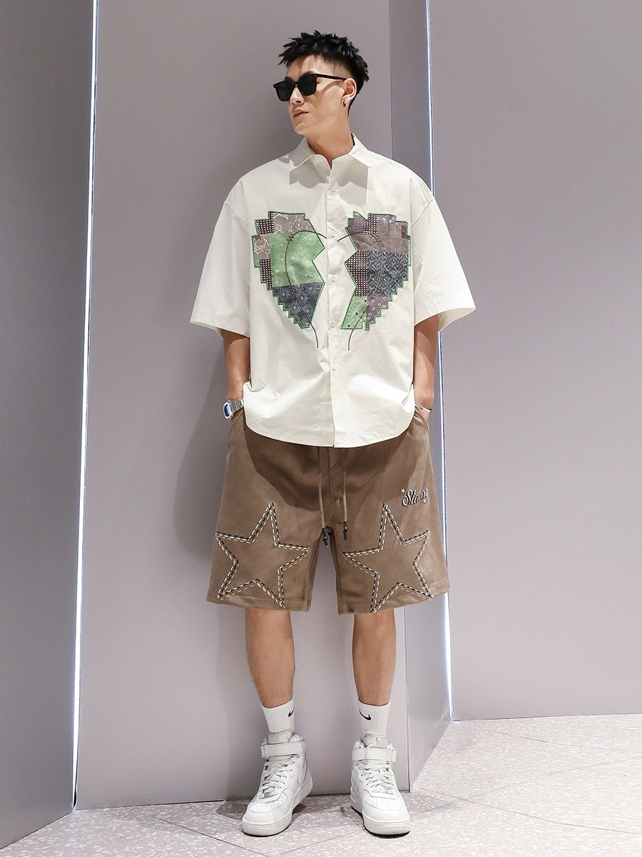 Youshu Summer Boys Embroidered Color Matching Love Shirt National Trend Heavy Cotton Trendy Brand Casual Fashion Shirt Short Sleeve