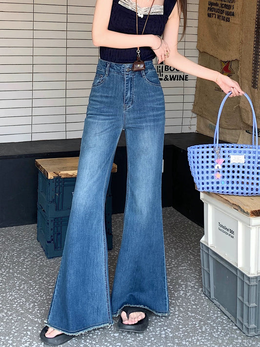 PPHOME American style hot girl raw edge flared jeans women's summer high waist slim straight horseshoe pants mopping trousers