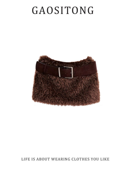 GAOSITONG Pure and Sexy High-Neck Rhinestone Fitted Top for Women, Winter 2026 Retro Furry Skirt Set