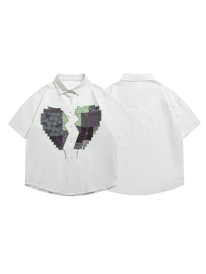 Youshu Summer Boys Embroidered Color Matching Love Shirt National Trend Heavy Cotton Trendy Brand Casual Fashion Shirt Short Sleeve