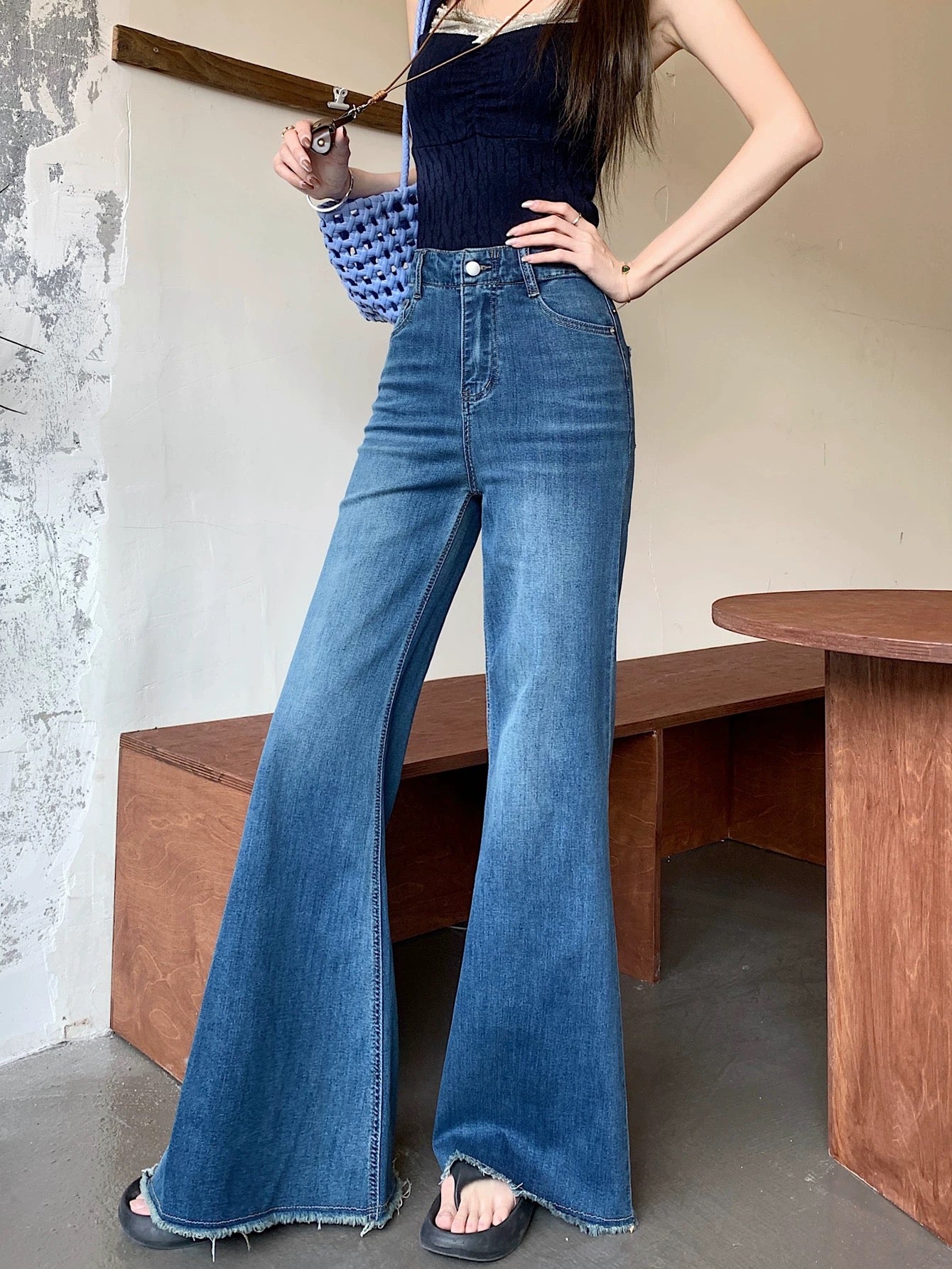 PPHOME American style hot girl raw edge flared jeans women's summer high waist slim straight horseshoe pants mopping trousers