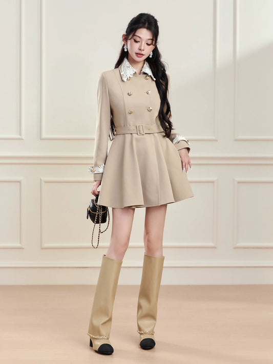 FanTu Rich Heiress Style Lace Peter Pan Collar Trench Coat for Women, Autumn 2025, Double-Breasted Mid-Length Coat
