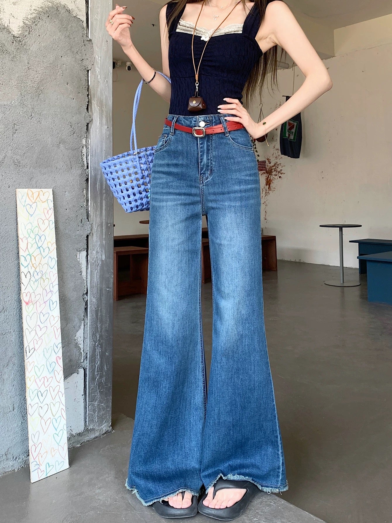 PPHOME American style hot girl raw edge flared jeans women's summer high waist slim straight horseshoe pants mopping trousers