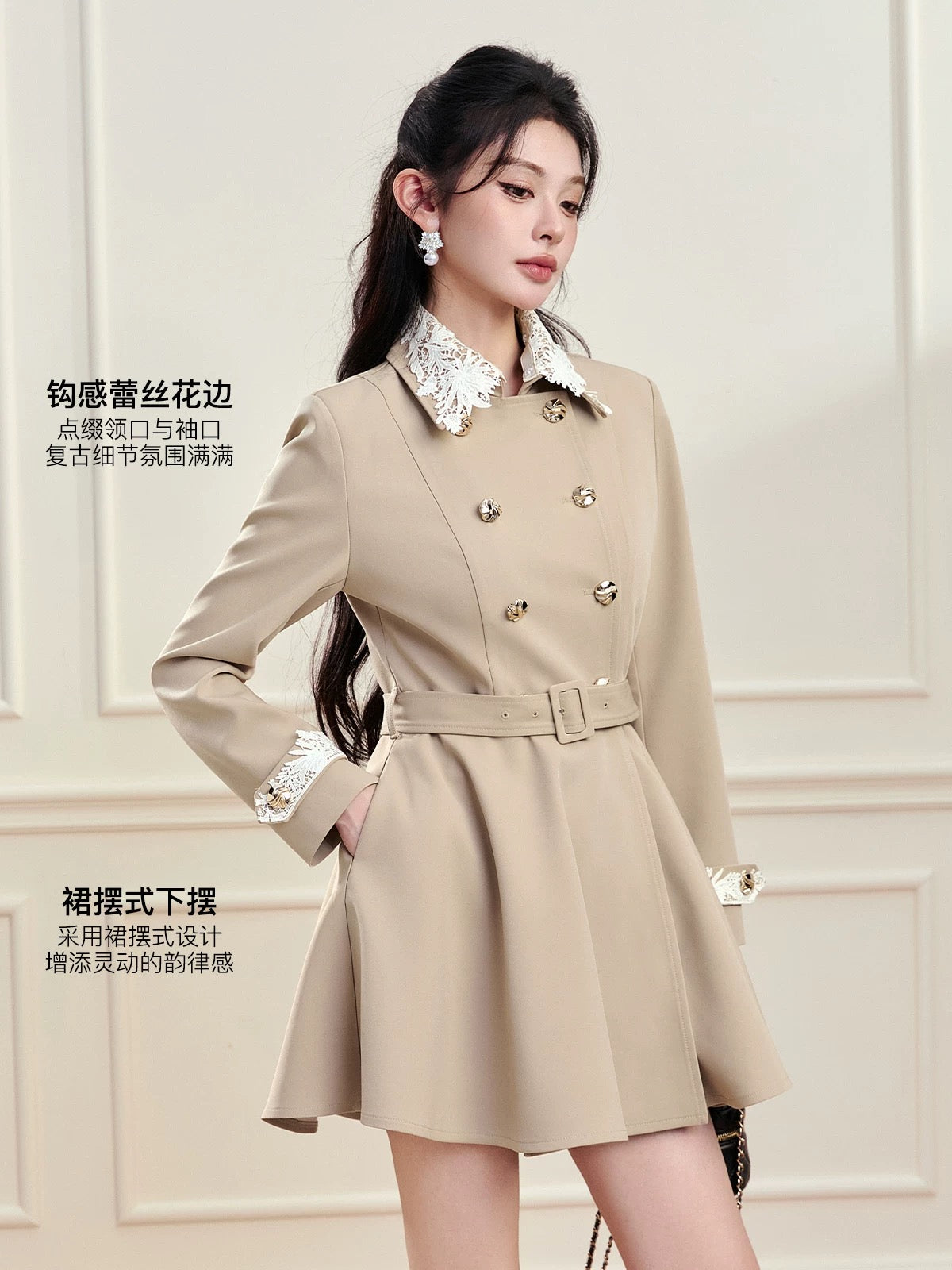 FanTu Rich Heiress Style Lace Peter Pan Collar Trench Coat for Women, Autumn 2025, Double-Breasted Mid-Length Coat