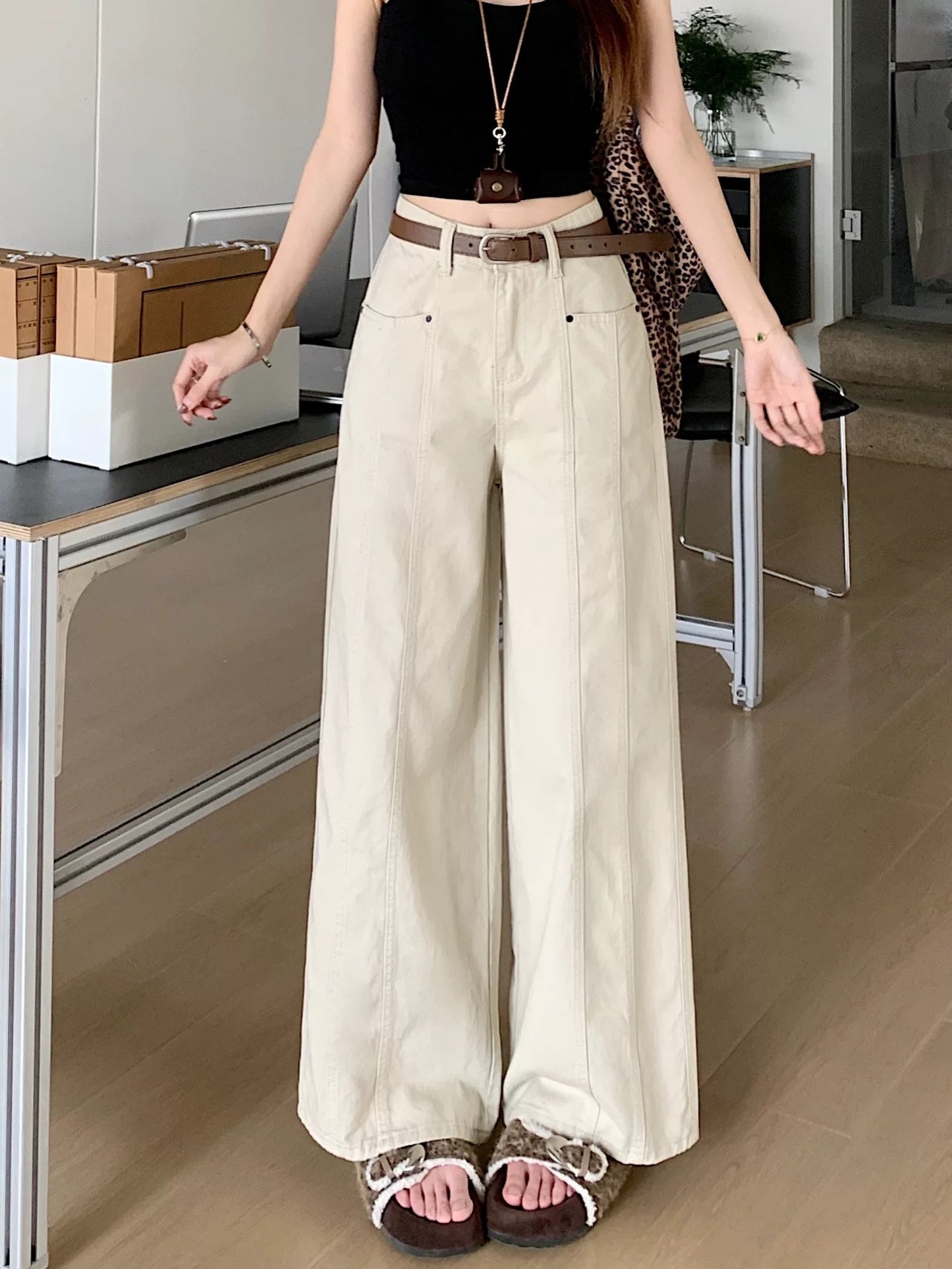 PPHOME designer stitching apricot jeans women's summer small high waist straight wide leg pants casual trousers
