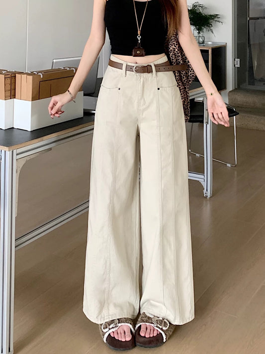 PPHOME designer stitching apricot jeans women's summer small high waist straight wide leg pants casual trousers