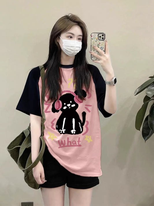 American round neck raglan short-sleeved T-shirt for women summer 2024 new loose casual versatile bottoming top for little people
