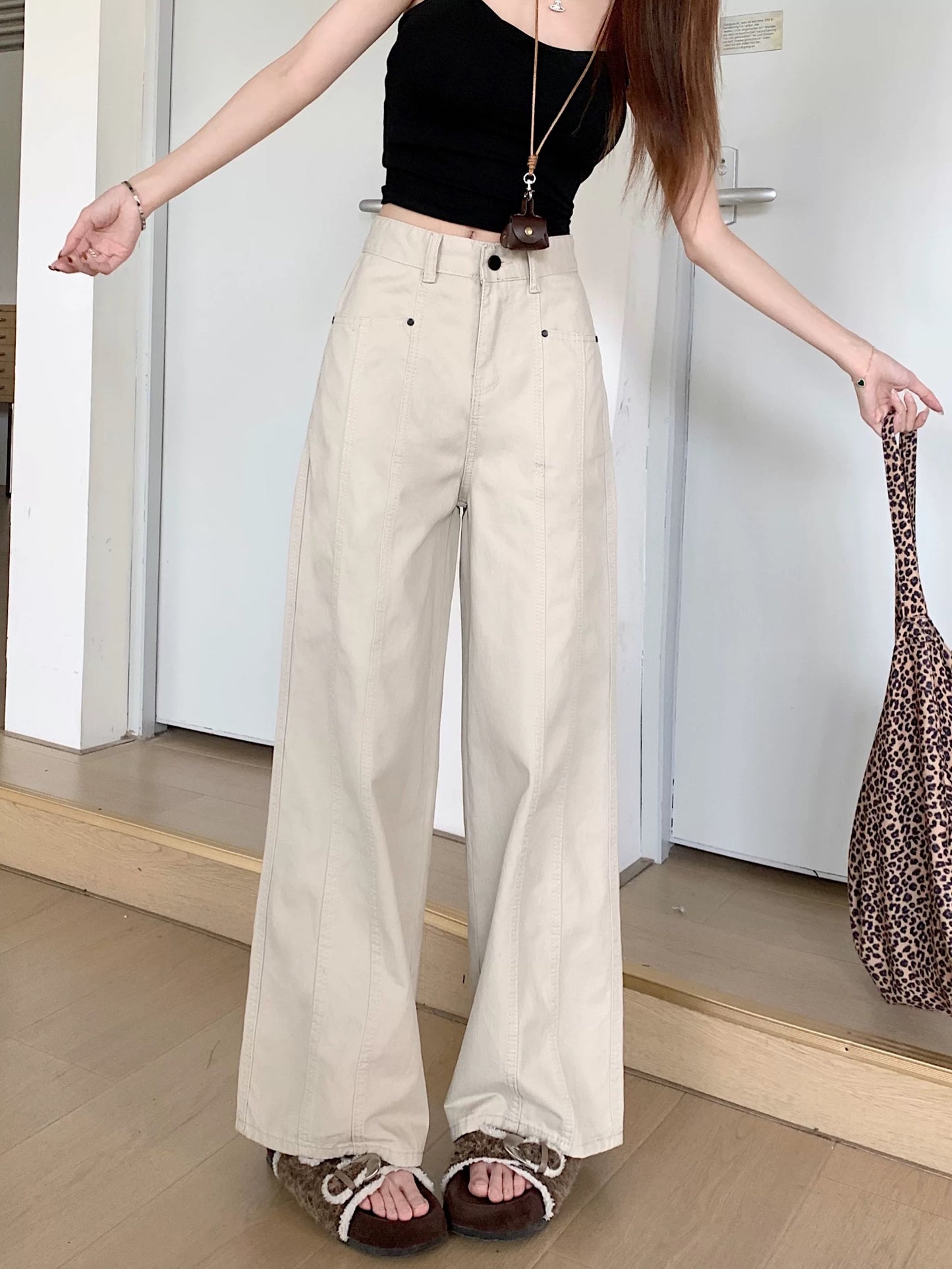 PPHOME designer stitching apricot jeans women's summer small high waist straight wide leg pants casual trousers