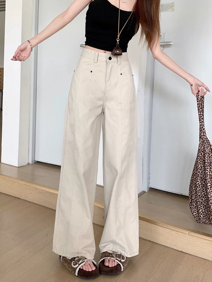 PPHOME designer stitching apricot jeans women's summer small high waist straight wide leg pants casual trousers
