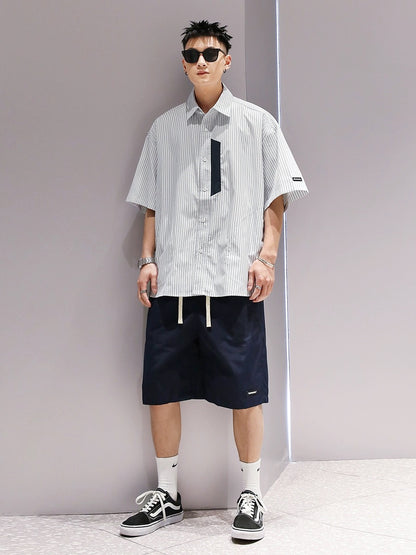 Youshu American fashion brand striped lapel shirt summer boys light casual fashion popular couple half-sleeved shirt