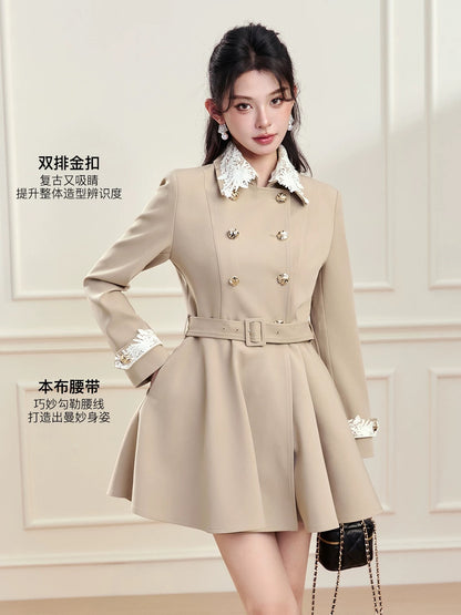 FanTu Rich Heiress Style Lace Peter Pan Collar Trench Coat for Women, Autumn 2025, Double-Breasted Mid-Length Coat