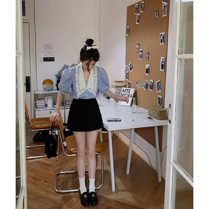 VASSE beauty crab black high-waisted A-line suit wide-leg shorts women's new small thin slim casual pants
