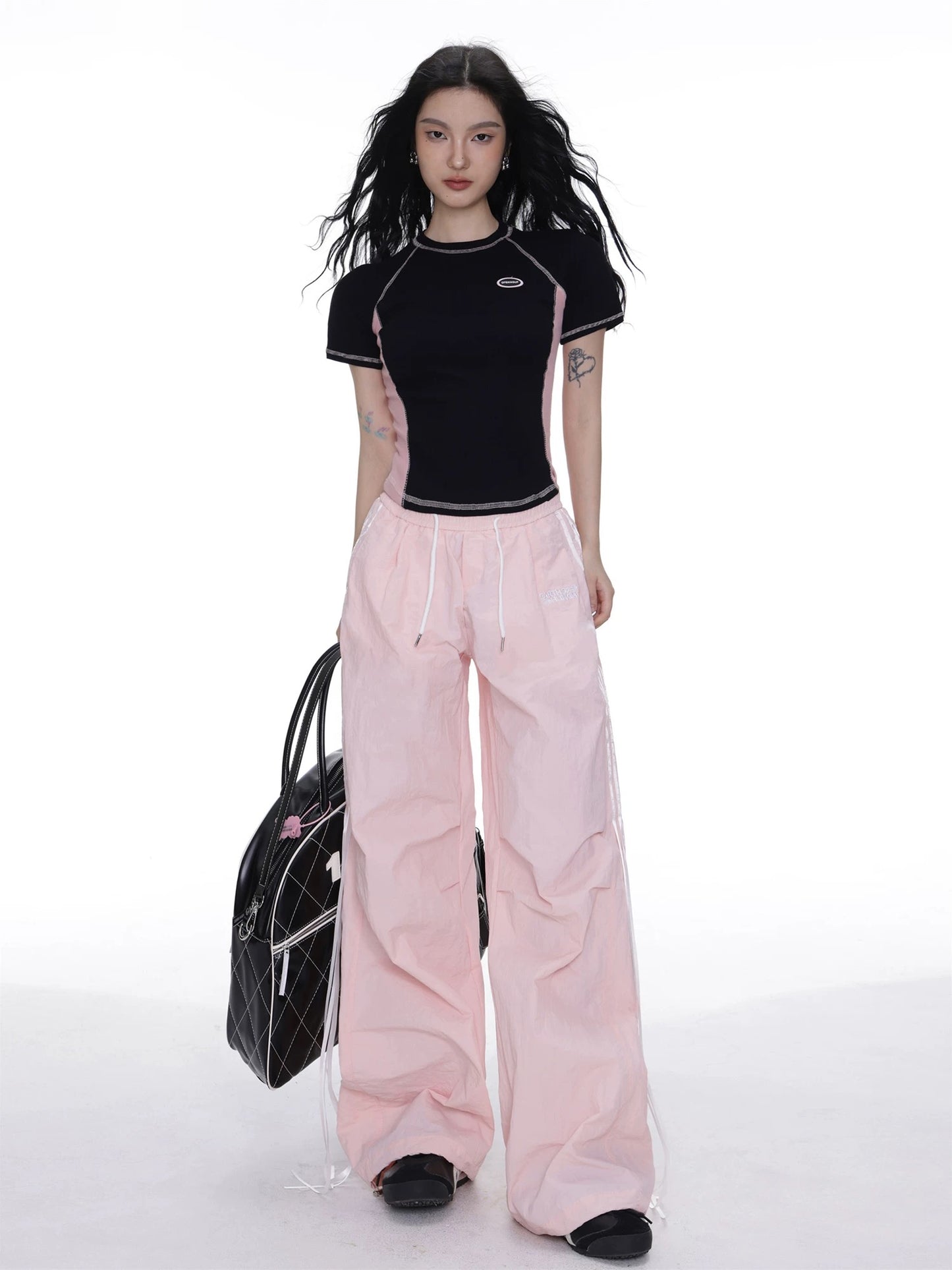 SHIYIYUE American retro sweet hottie casual short slim fit splicing round neck short-sleeved t-shirt women's new top