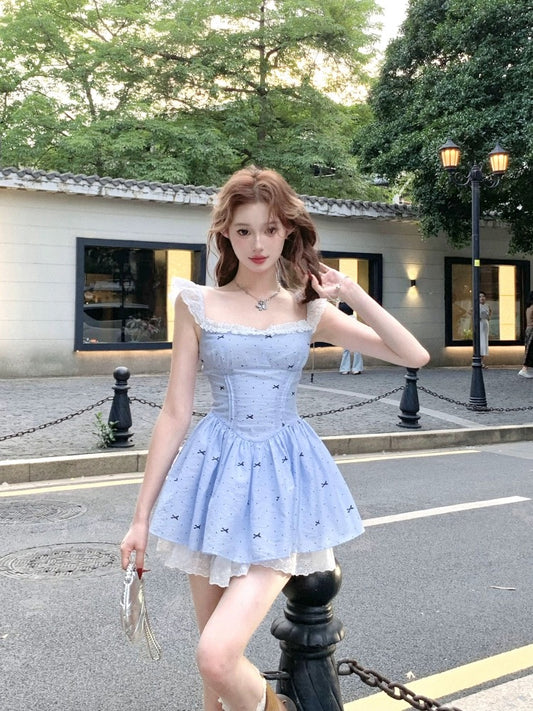 Drawing explanation WAHJU circulation heartbeat bow polka dot square neck dress women's summer lace slimming skirt