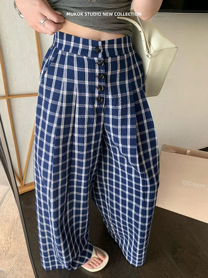 MUKOK Yarn-dyed classic textured plaid wide-leg pants elastic waist loose slimming casual pants