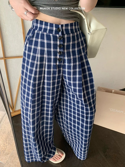 MUKOK Yarn-dyed classic textured plaid wide-leg pants elastic waist loose slimming casual pants