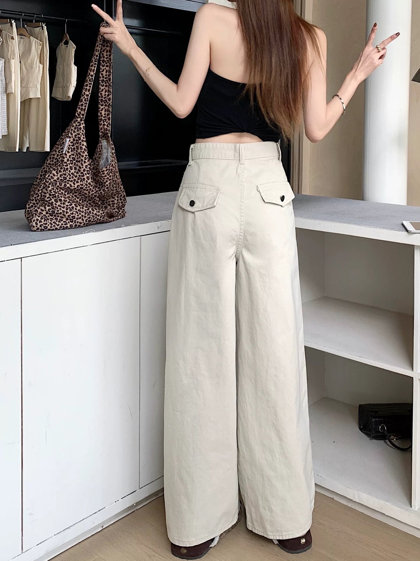 PPHOME designer stitching apricot jeans women's summer small high waist straight wide leg pants casual trousers