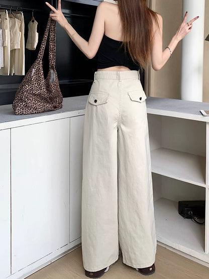 PPHOME designer stitching apricot jeans women's summer small high waist straight wide leg pants casual trousers