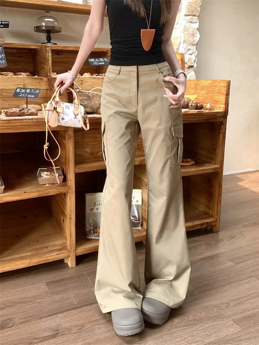 PPHOME Khaki workwear casual pants women's summer American hot girl bell-bottom pants high waist straight mopping pants trousers