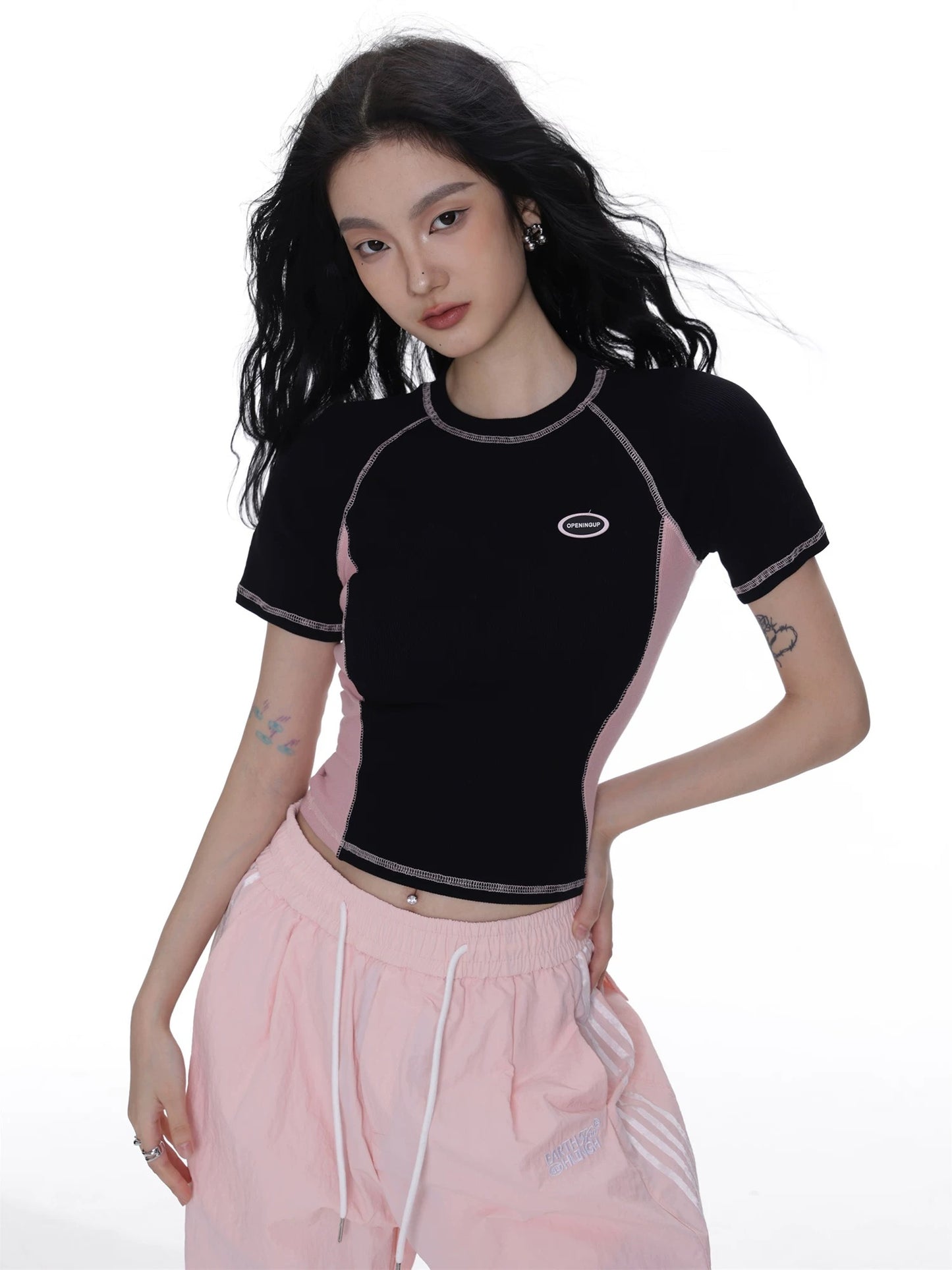 SHIYIYUE American retro sweet hottie casual short slim fit splicing round neck short-sleeved t-shirt women's new top