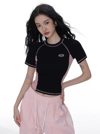 SHIYIYUE American retro sweet hottie casual short slim fit splicing round neck short-sleeved t-shirt women's new top