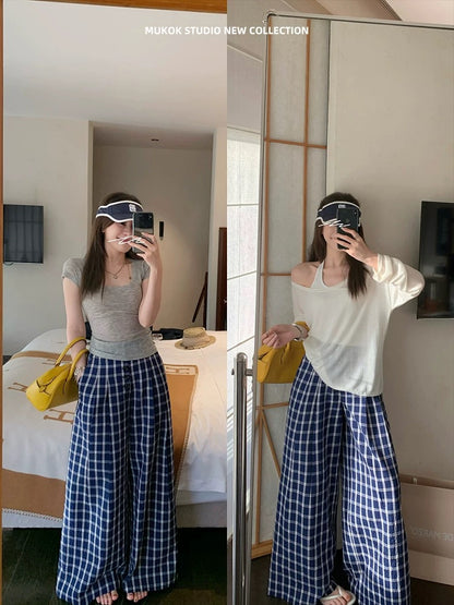 MUKOK Yarn-dyed classic textured plaid wide-leg pants elastic waist loose slimming casual pants