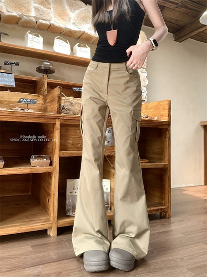 PPHOME Khaki workwear casual pants women's summer American hot girl bell-bottom pants high waist straight mopping pants trousers