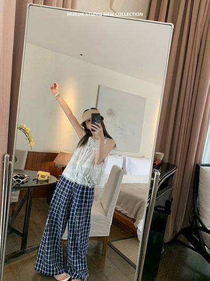 MUKOK Yarn-dyed classic textured plaid wide-leg pants elastic waist loose slimming casual pants