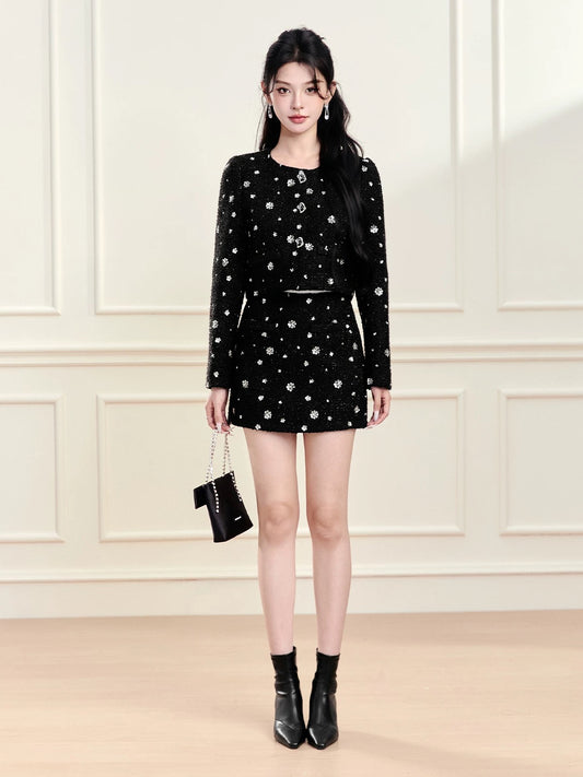 FanTu Elegant Socialite-inspired Suit 2025 Autumn/Winter Heavy Beaded and Rhinestone-Encrusted Long-Sleeved Jacket and A-line High-Waisted Skirt