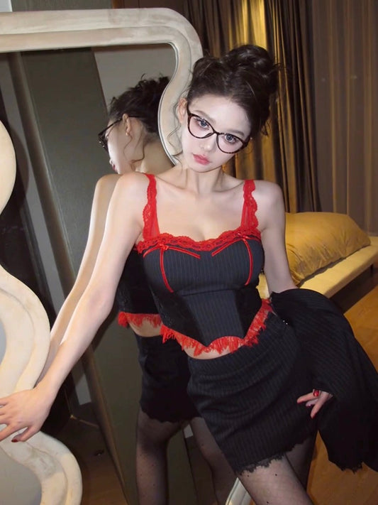 STRIVE/Yumiko Fat mm hot girl striped suit lace suspenders female spring and summer sexy hip skirt suit