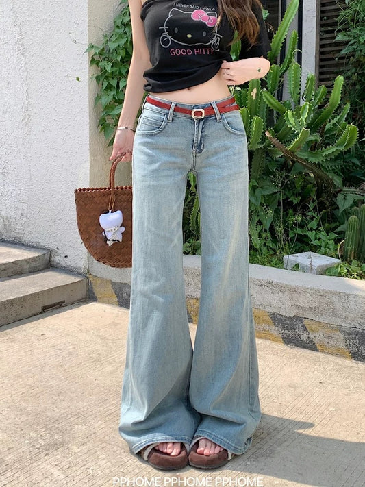 PPHOME homemade ~ hot girl secrets light blue low waist flared jeans women's non-tight pants slim mopping pants