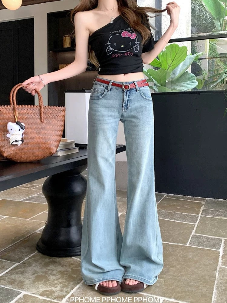 PPHOME homemade ~ hot girl secrets light blue low waist flared jeans women's non-tight pants slim mopping pants