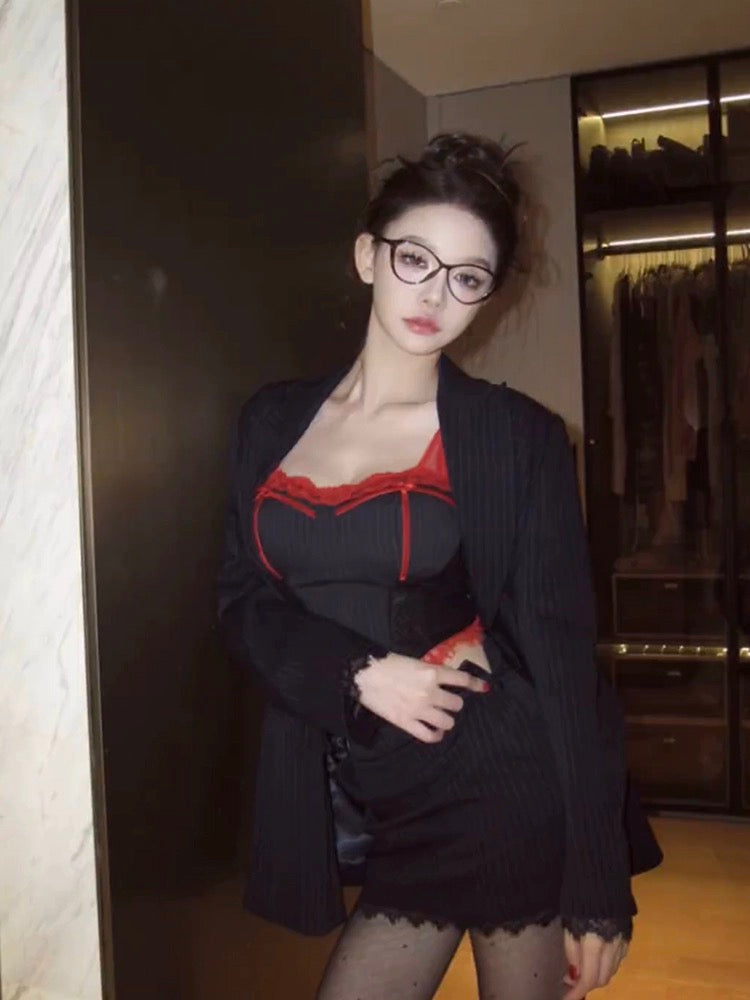STRIVE/Yumiko Fat mm hot girl striped suit lace suspenders female spring and summer sexy hip skirt suit