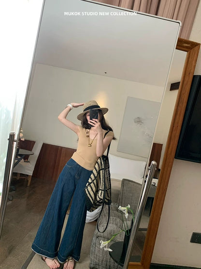MUKOK Tencel ultra-drape slim jeans high waist simple lyocell Tencel wide-leg cuffed trousers
