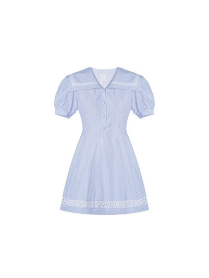 VASSE Beauty Crab French Puff Sleeve Navy Collar Plaid Shirt Dress Women's Small Resort Style Skirt
