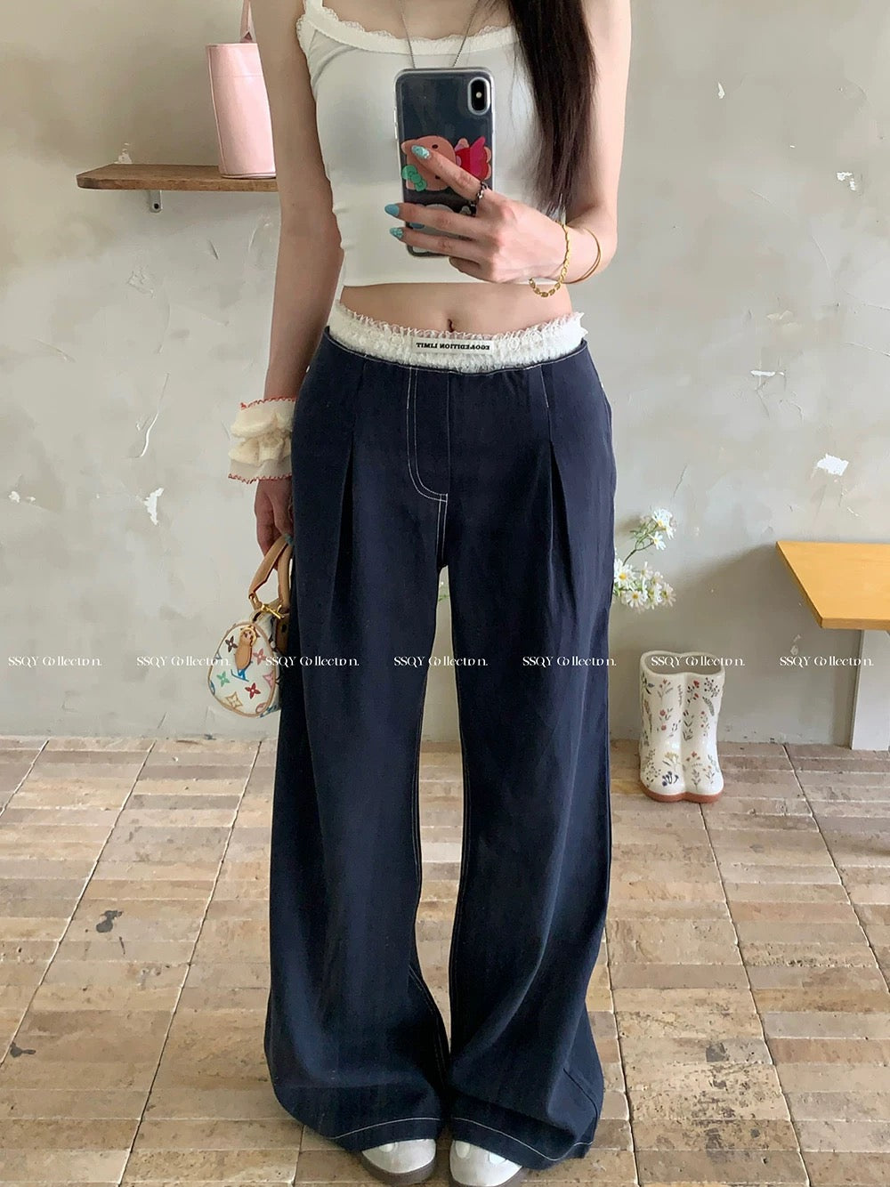 PPHOME lace stitching waist wide-leg casual pants women's summer navy blue straight pants hot girl low waist mopping pants