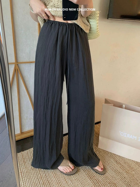 MUKOK Thin Texture Water Ripple Casual Wide Leg Pants Elastic High Waist Lyocell Tencel Floor-Mopping Pants