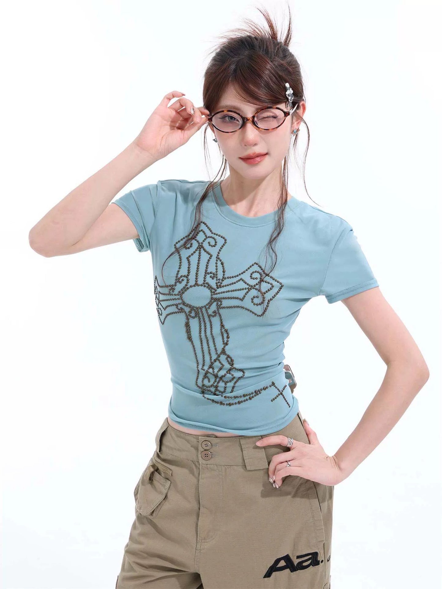 SHIYIYUE American sweet and spicy right shoulder slim short-sleeved tops for women 2025 summer cross print short T-shirts