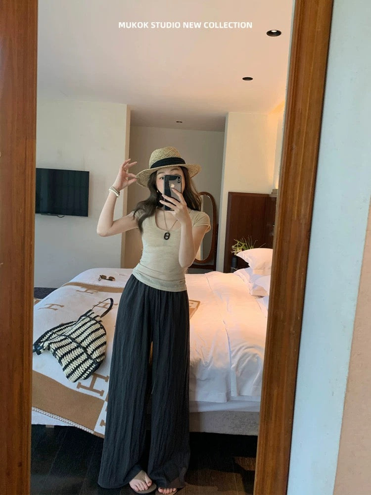 MUKOK Thin Texture Water Ripple Casual Wide Leg Pants Elastic High Waist Lyocell Tencel Floor-Mopping Pants