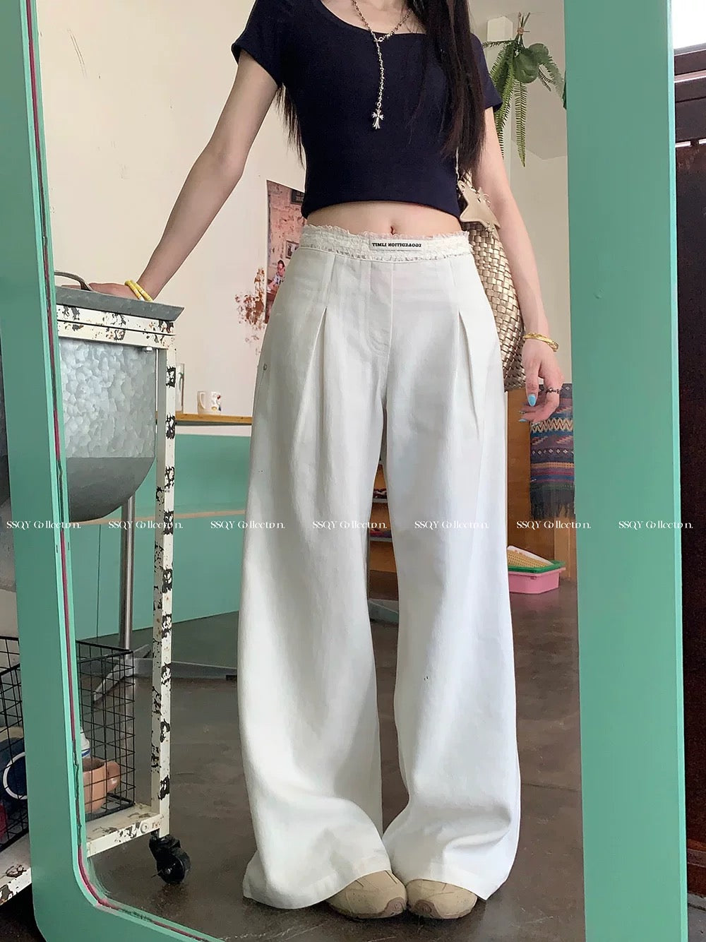 PPHOME lace stitching waist wide-leg casual pants women's summer navy blue straight pants hot girl low waist mopping pants